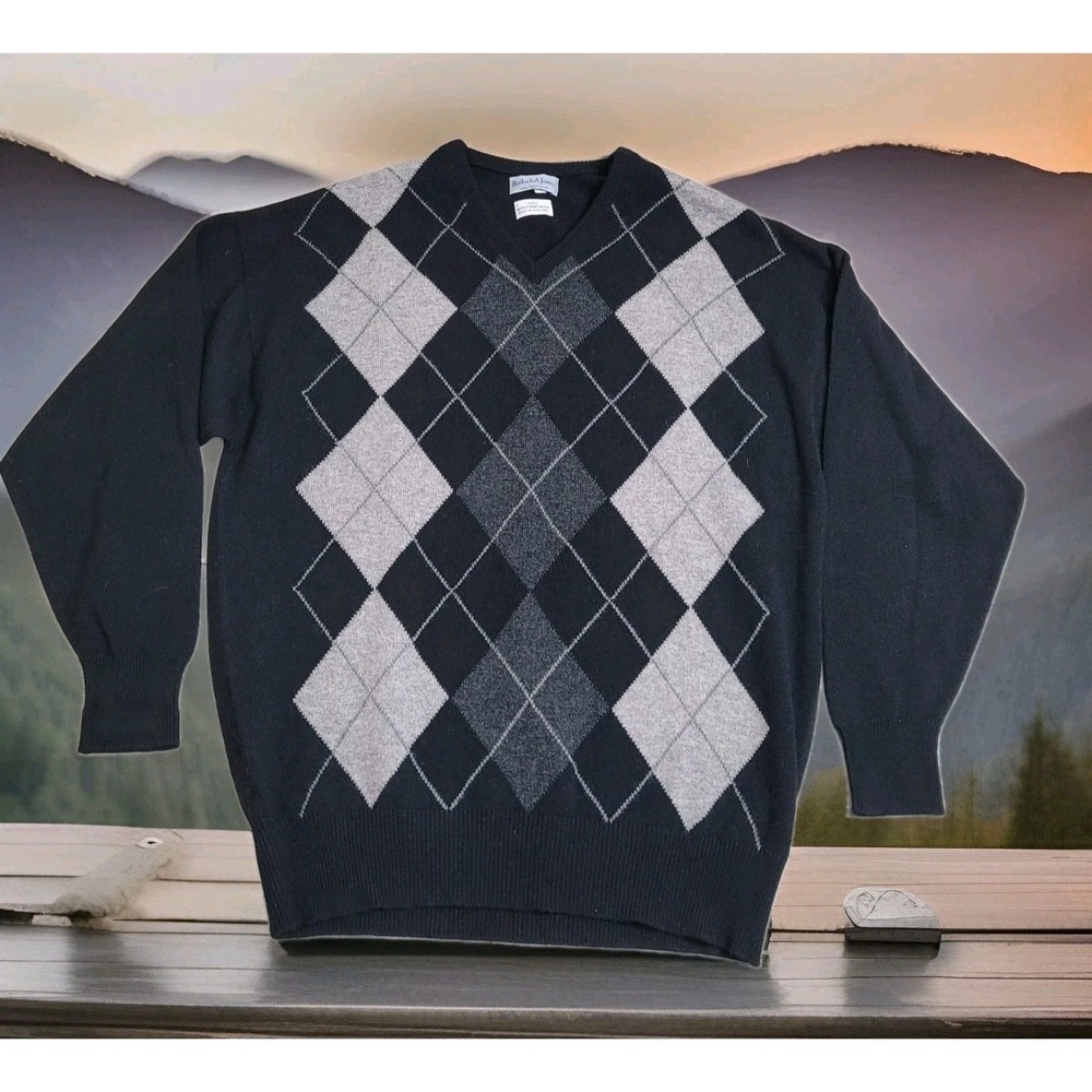 🐑Bullock & Jones Sweater Mens L Argyle V-Neck Lux Scottish Lambswool Scotland